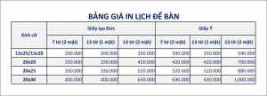 Bảng giá in lịch để bàn 2018