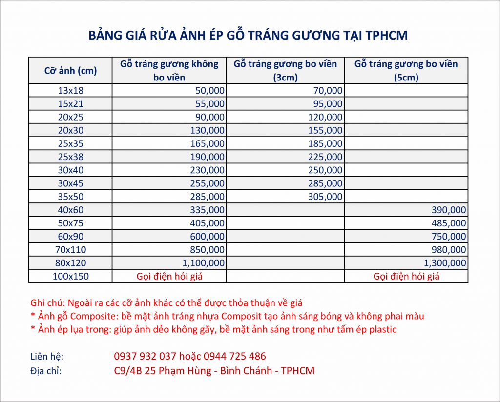 Bảng giá rửa ảnh ép gỗ tráng gương TPHCM